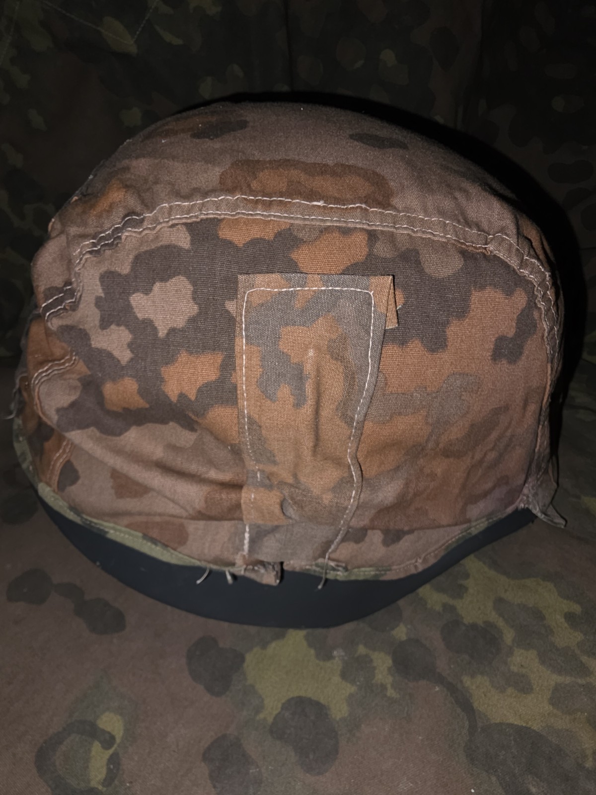 ATF WW2 GERMAN REPRODUCTION HELMET COVER IN OAK MISSING ONE ROCKER CLIP