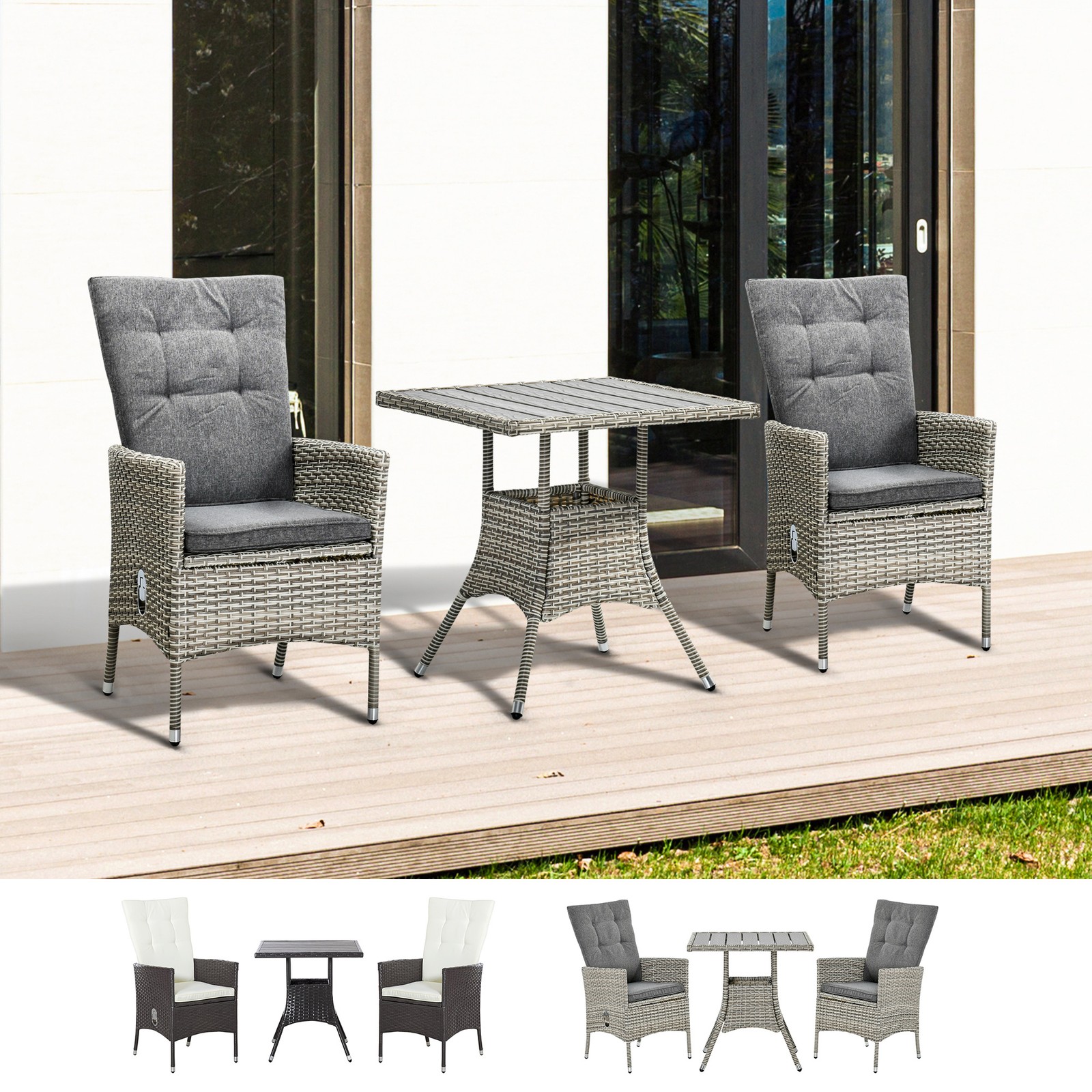 Outsunny 3 PCS Outdoot PE Rattan Conversation Recliner Chairs Set w/ Cushion