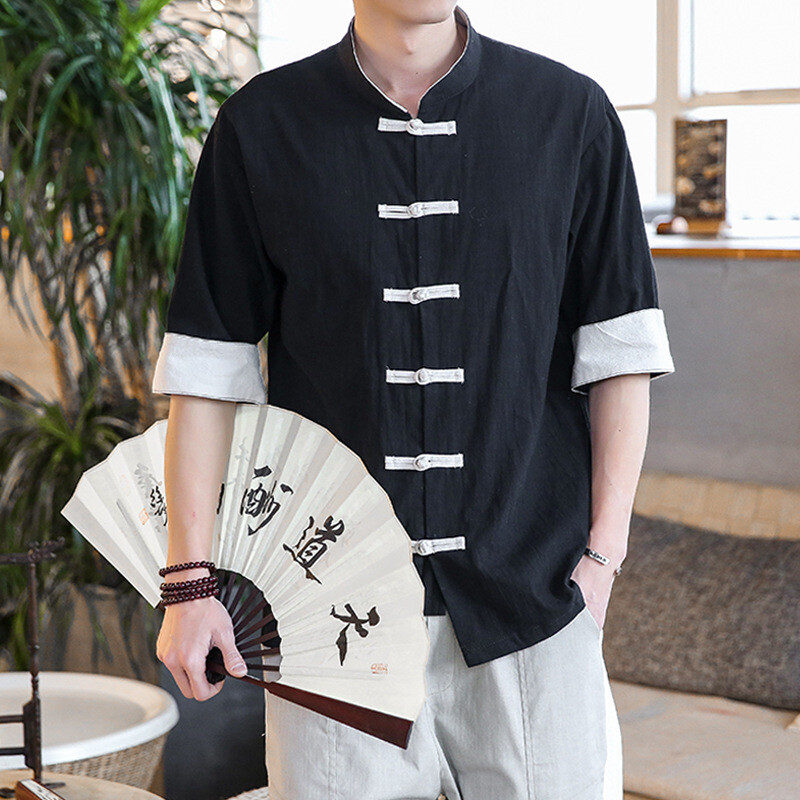Summer Chinese Style Cotton Linen Men Casual Short Sleeve Shirt Retro Tang Suit