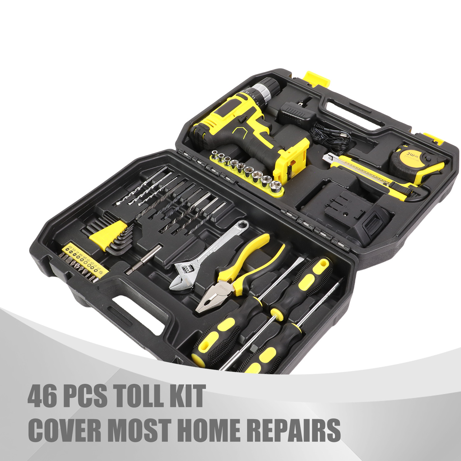 46PCS HOME 18V REPAIRS CORDLESS DRILL TOOL KIT W/ SCREWDRIVER HEX WRENCHES PLIER