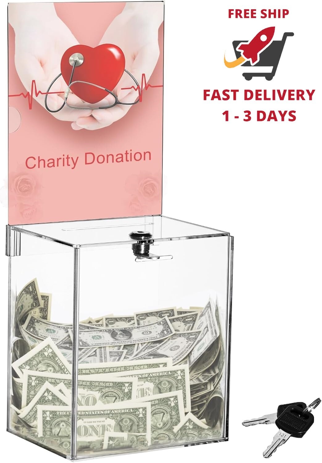 Caja grande de acrílico para donaciones con cerradura, 6,7 x 5 x 16 pulgadas