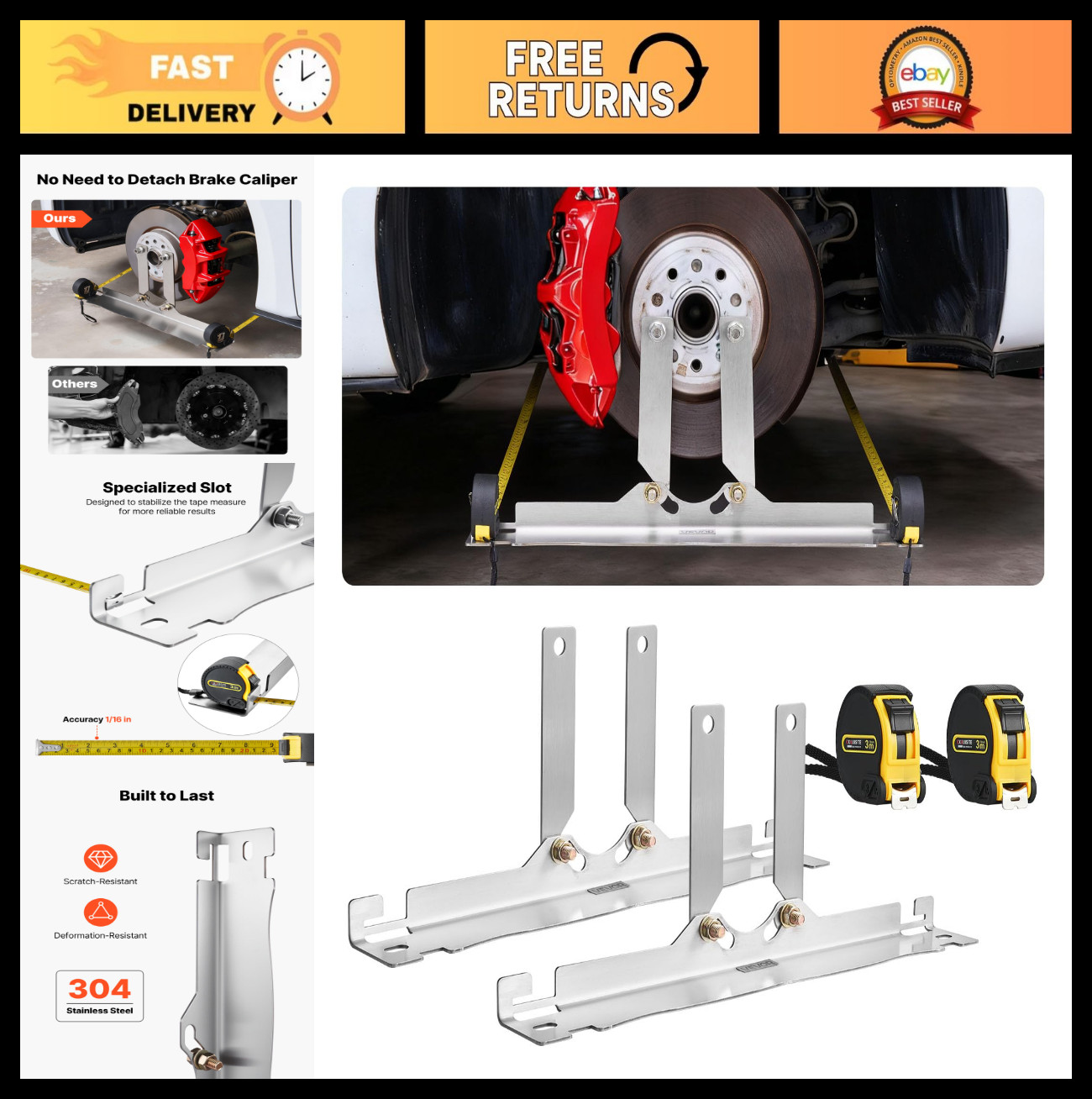 Heavy Duty Wheel Alignment Tool Set - 2 Stainless Steel Toe Plates & Measuring T