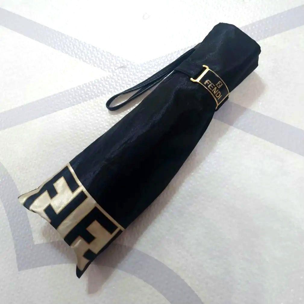 FENDI Zucca Umbrella 3Section Folding Rain Umbrella Black Gold Authentic