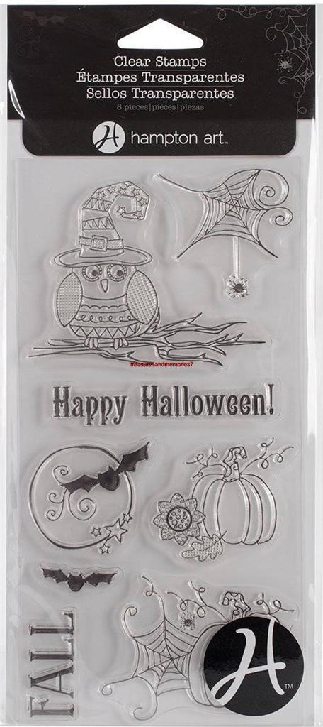 HAMPTON ART Clear Stamps HAPPY HALLOWEEN, Bats, Pumpkin, Spider Webs, 9 Pieces