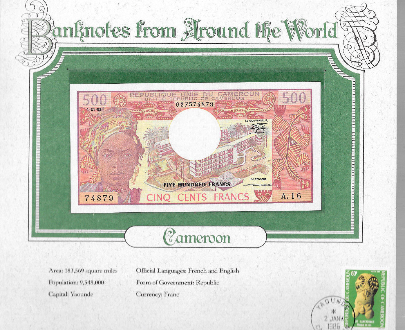 World Banknotes Cameroon Cameroun 500 Franc 1983 P-15d UNC Serie A.16