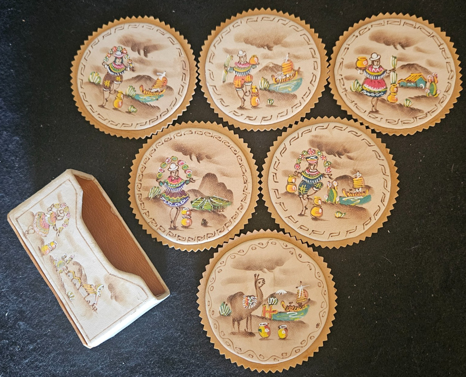 Vintage South American (Ecuador?) Painted Leather Coaster Set. 1998, by Manuela.