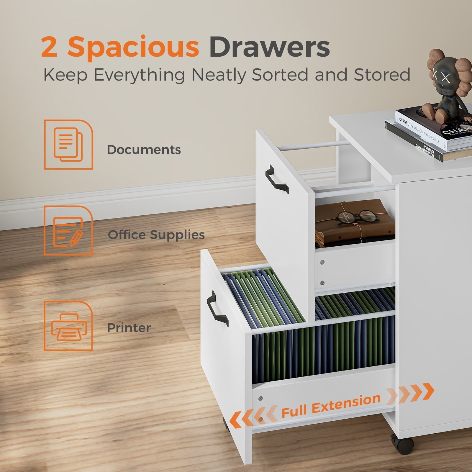Gianna 2-Drawer Rolling File Cabinet With Lockable Wheels, Printer Stand, White