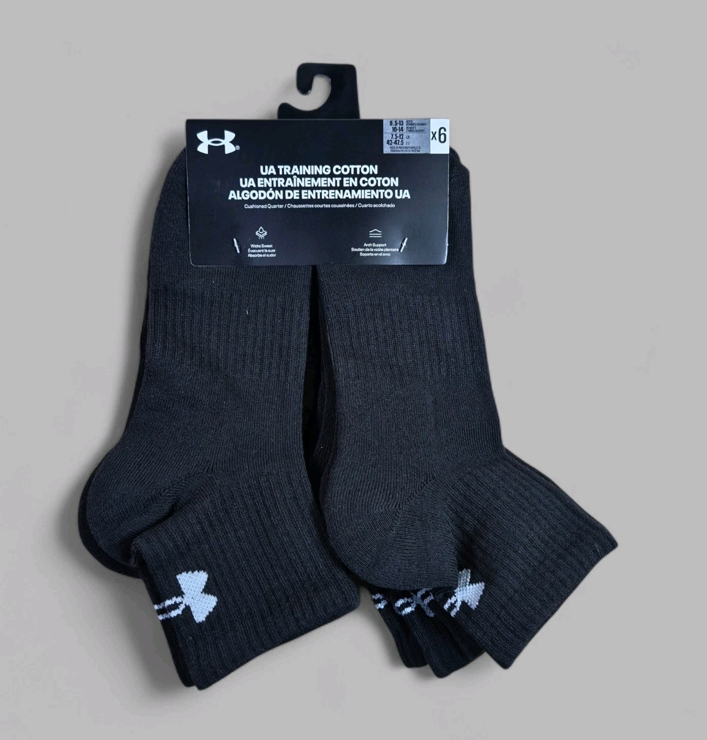 UNDER ARMOUR Mens Socks 1/4 Crew Cushioned Cotton 6 Pair Shoe Size 8.5-13 Black