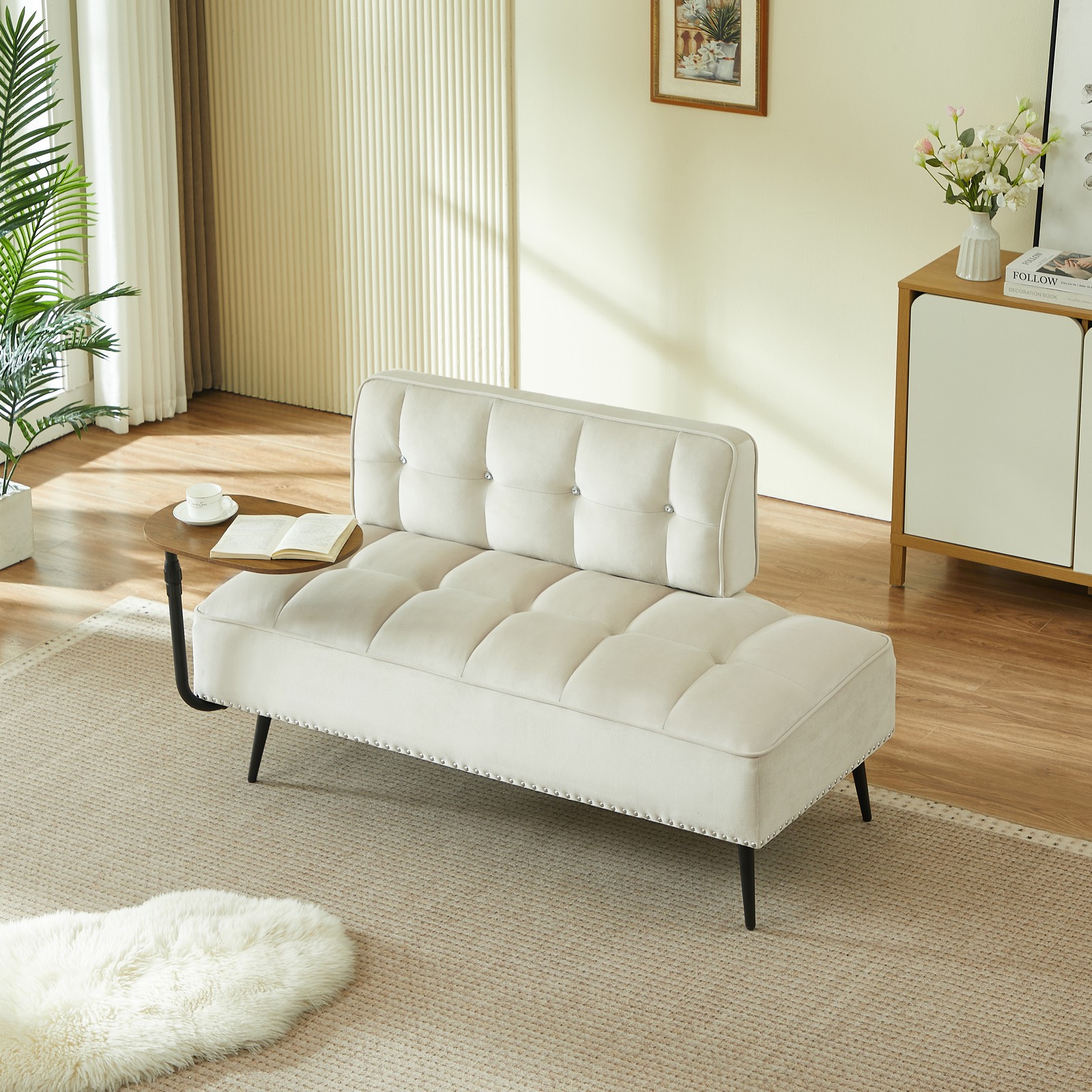 54-Inch Modern Two-Seater Velvet Sofa with Backrest & 360° Rotating Side Tabl