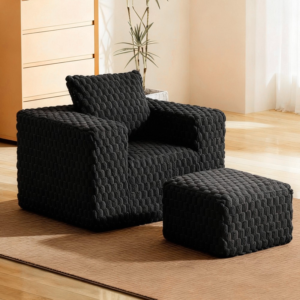 Corduroy Lounge Chair with Ottoman, High Back Sofa, Pillow, No Assembly