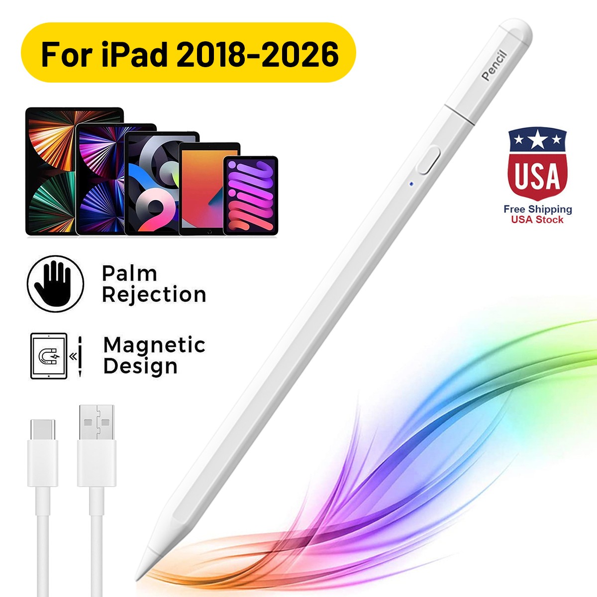Stylus Pen for iPad 2018+ Aluminium Body POM Tip Type-C Palm Rejection