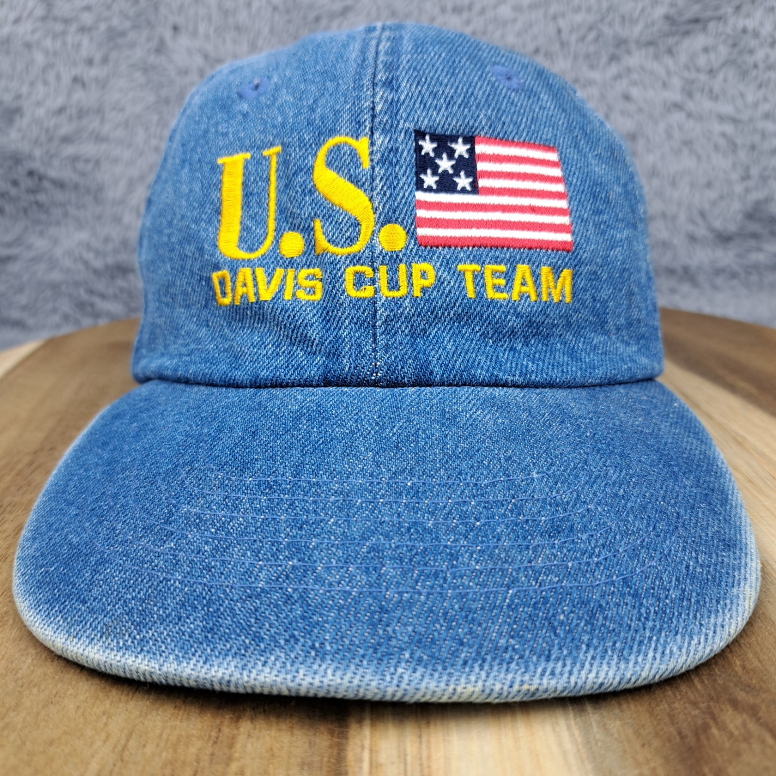 Vintage US Davis Cup Team Hat Cap Strap Back Blue Denim Logo Golf Golfer Mens
