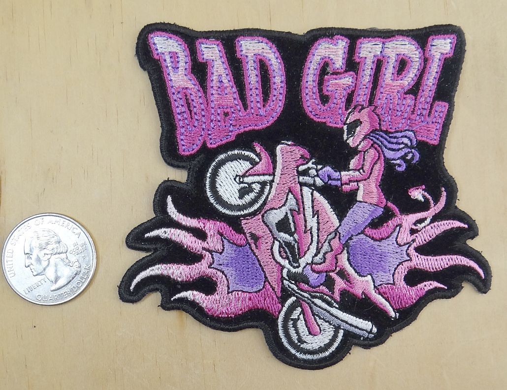 BAD GIRL BIKER GIRL IN PINK IRON-ON / SEW-ON EMBROIDERED PATCH 4 " X 3 1/2 "