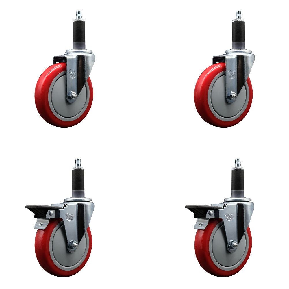 5 Inch Red Poly Wheel Swivel 1-1/8 Inch Expanding Stem Caster Set 2 Brakes SCC
