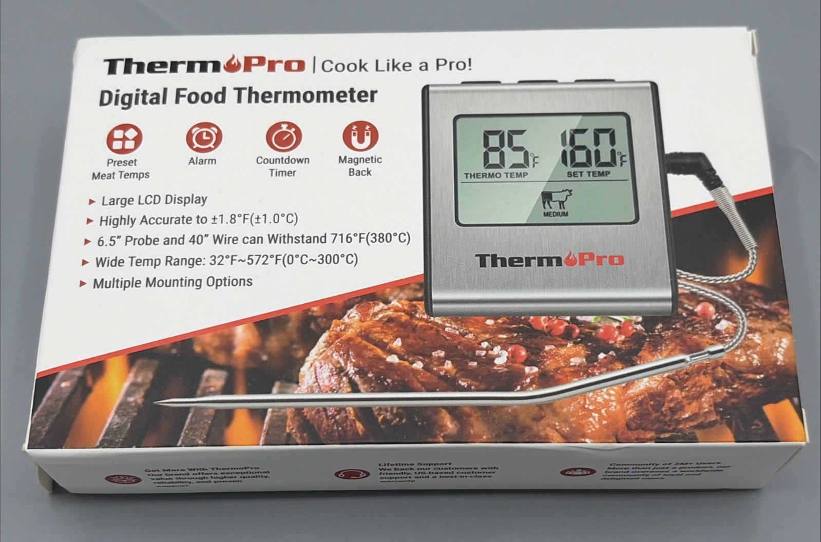 ThermoPro TP16W Digital Meat Thermometer for Cooking Smoker Oven, Large LCD -NEW