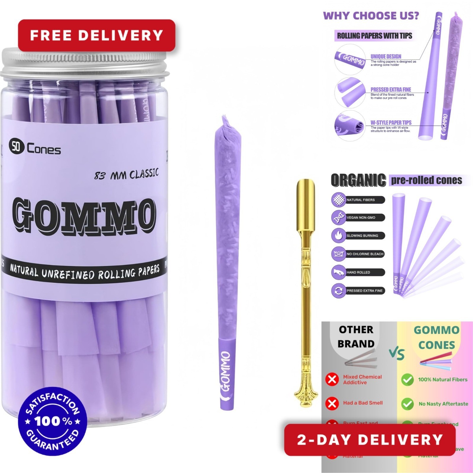 GOMMO 50 Pack Pre Rolled Cones 1 1/4 Size Natural Purple Rolling Papers
