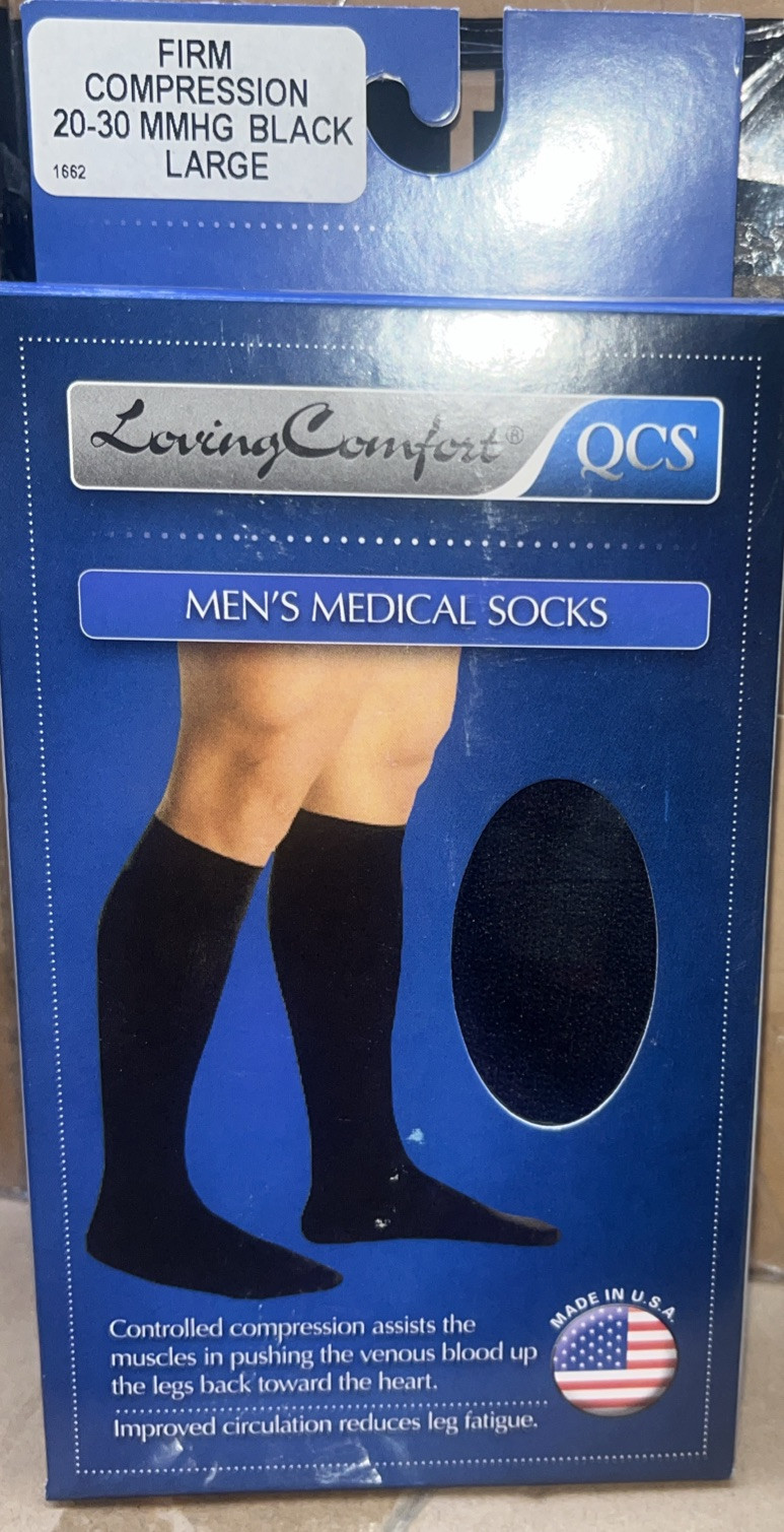 QCS Men's Medical Socks Leg Wear Firm Compression Large Size Black Color 1 Pair