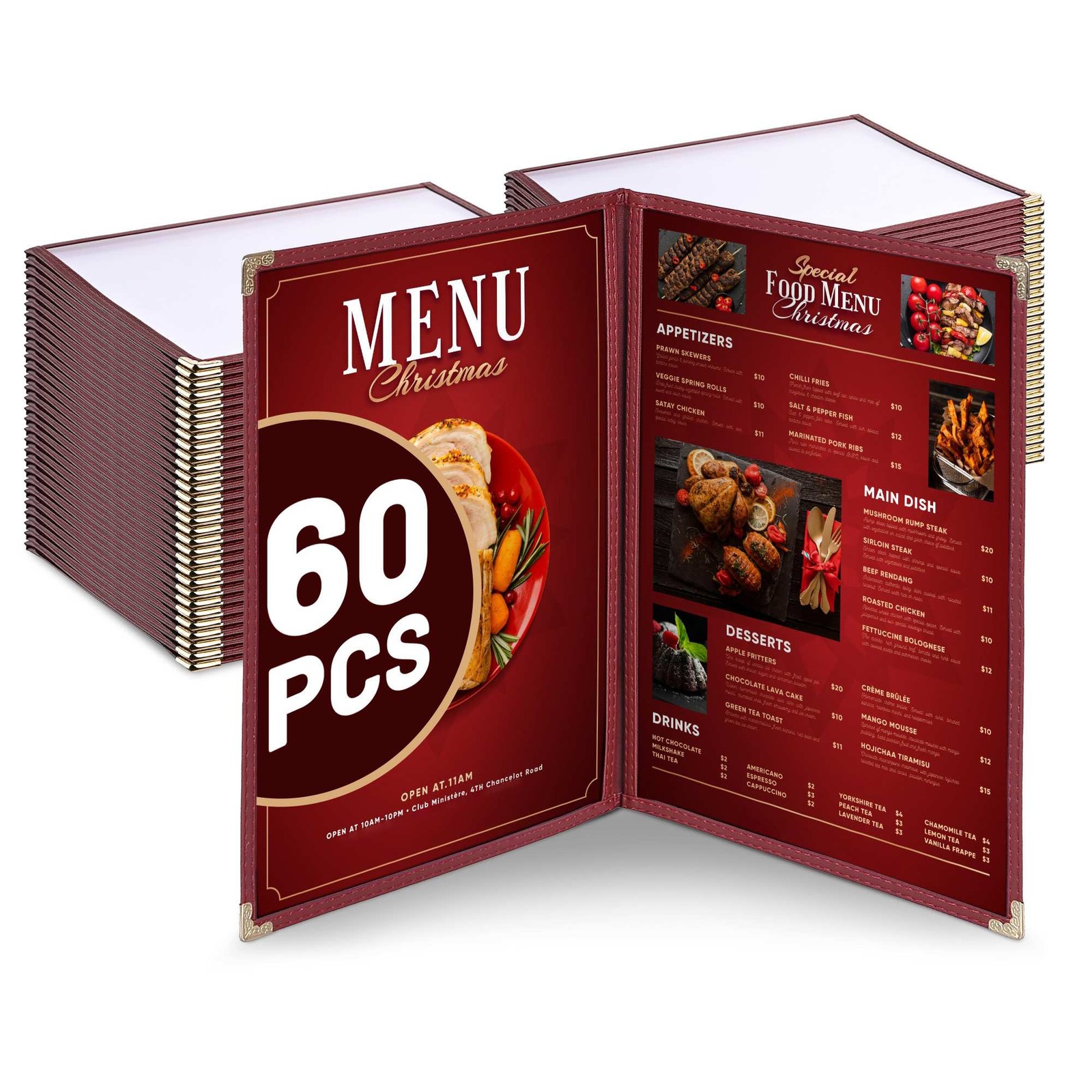 WeChef 60 Pcs Restaurant Menu Cover 8.5x14" 2 Page 4 View for Hotel Bar Burgundy
