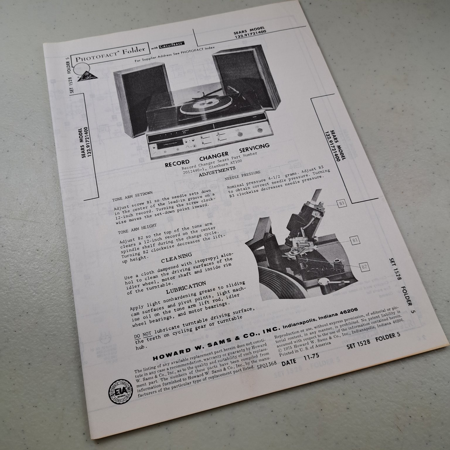 SEARS Manual Record Changer 132.91721400 Glenburn AT100 1973 Servicing