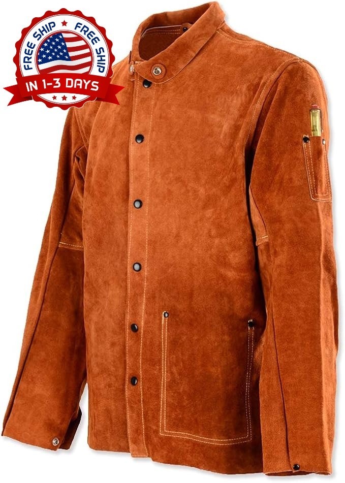 Chaqueta de soldadura de cuero resistente al fuego y de alta resistencia, Marrón