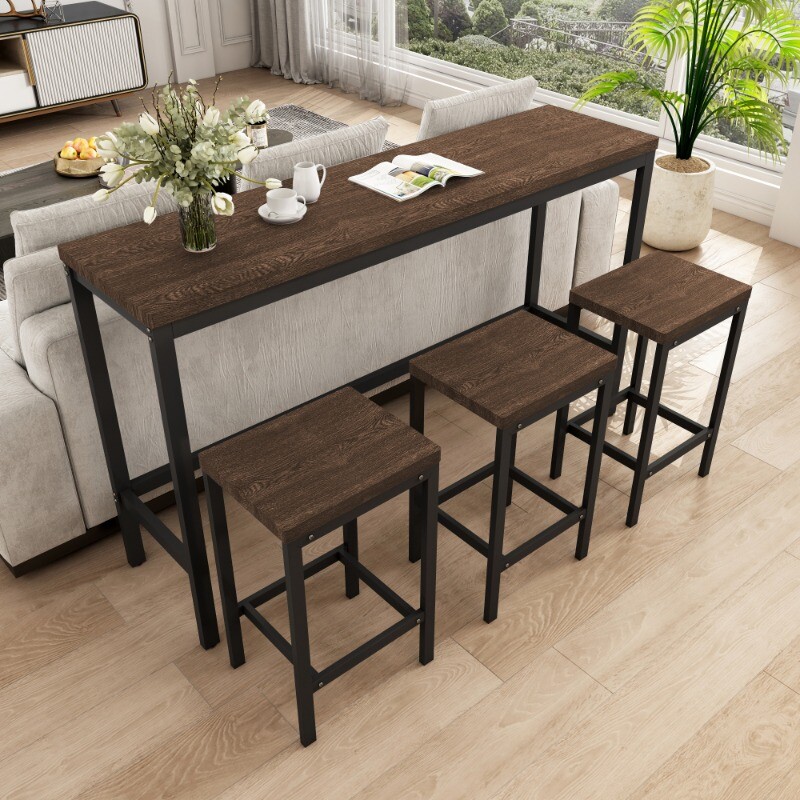 Brown Modern Kitchen Dining Table Pub Table Long Dining Table Set with 3 Stools