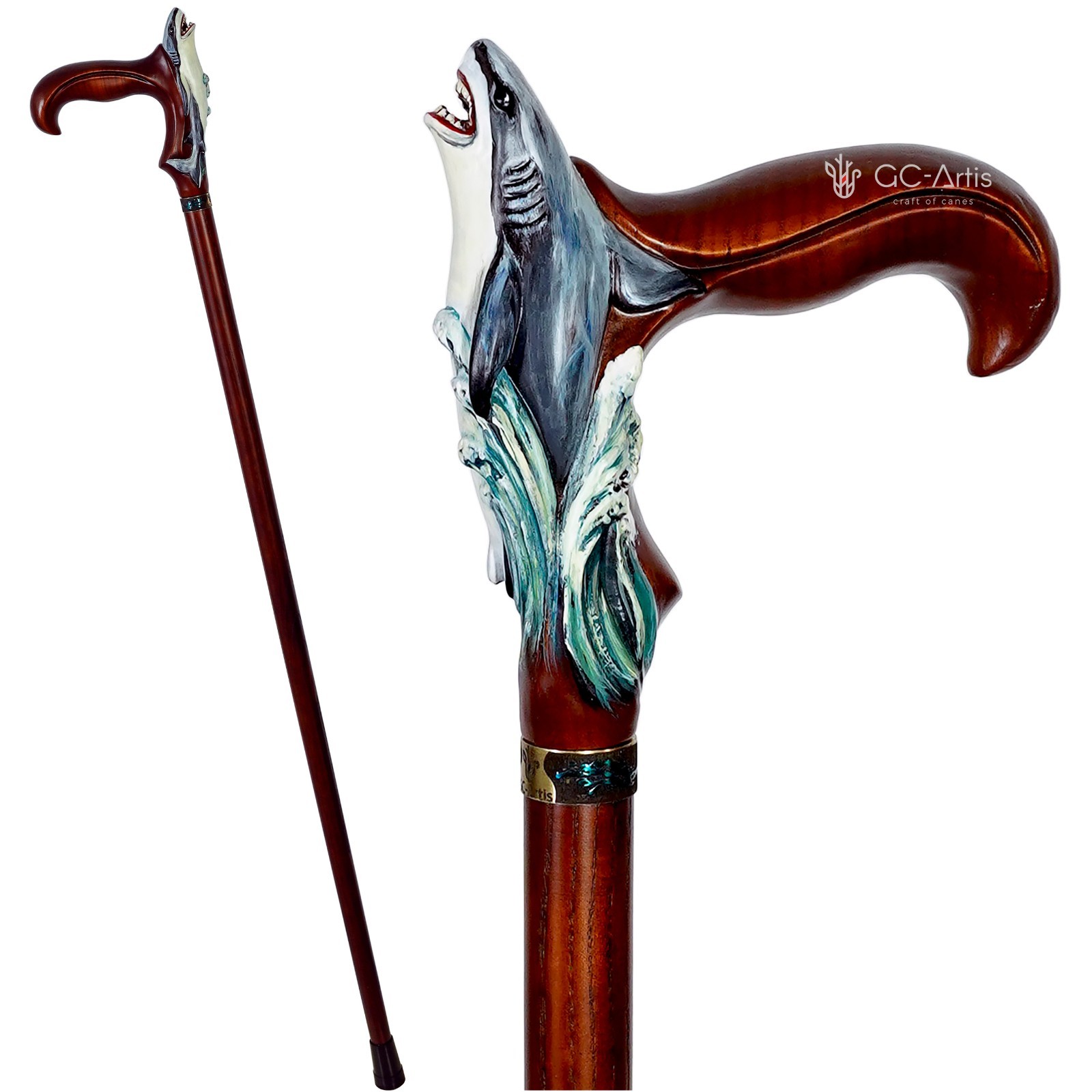 Wooden Cane Walking Stick Shark, Wood Carved Handpainted Sea Style