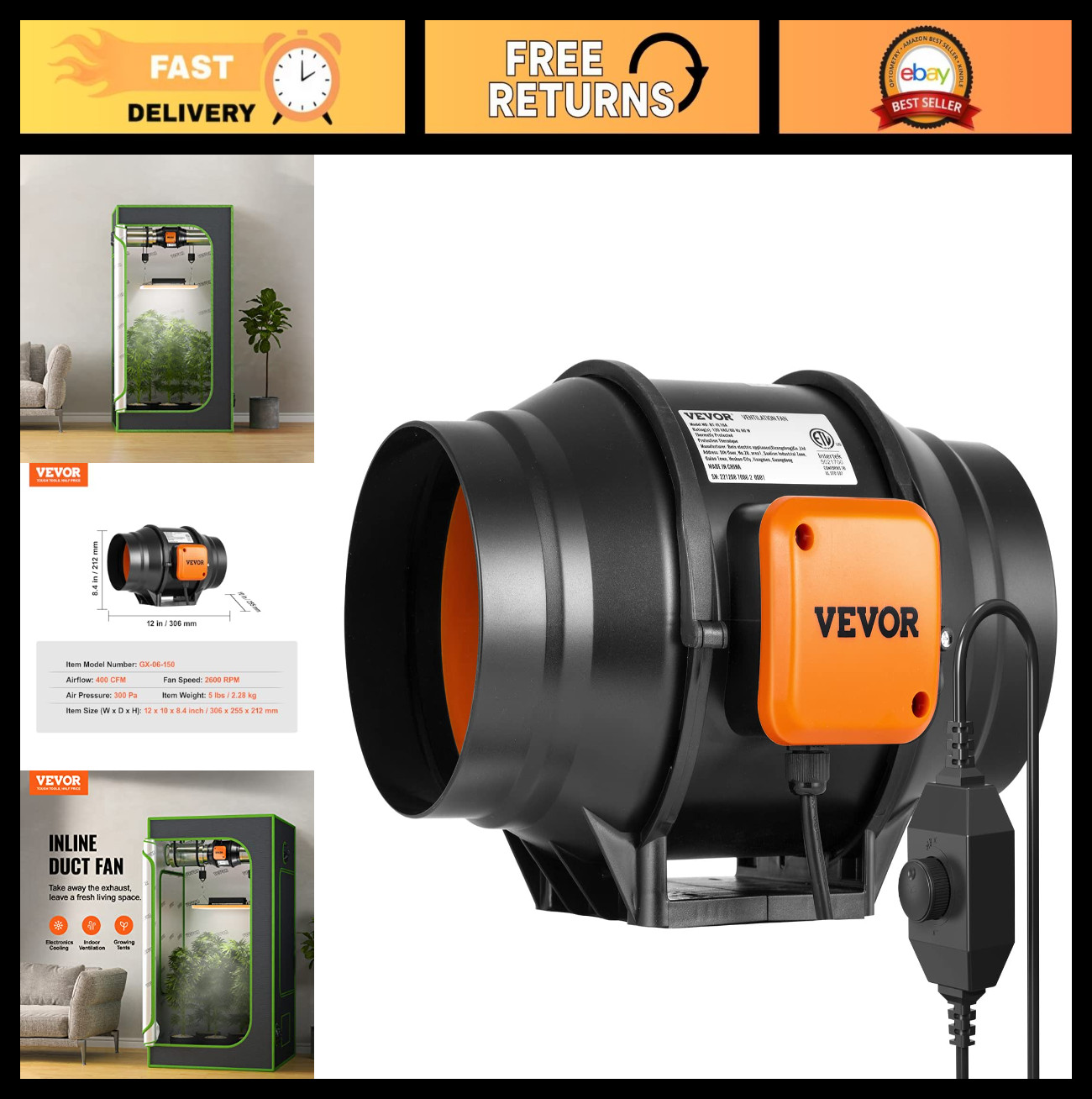 6" Inline Duct Fan 400 CFM with Variable Speed Controller, Quiet Ventilation Exh