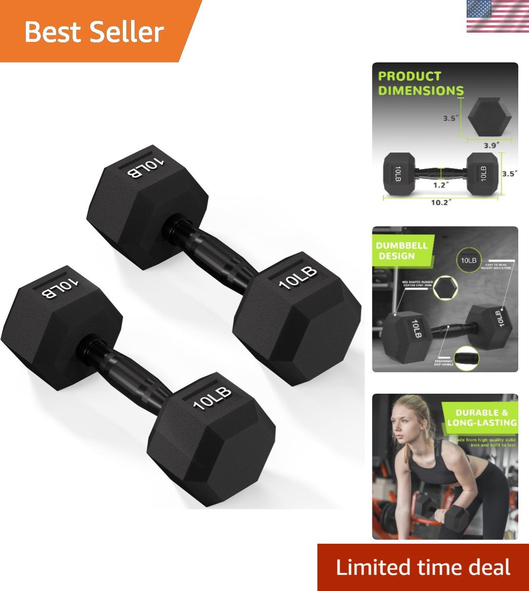Rubber Encased Exercise & Fitness Hex Dumbbell, Hand Weights with Anti-Slip M...