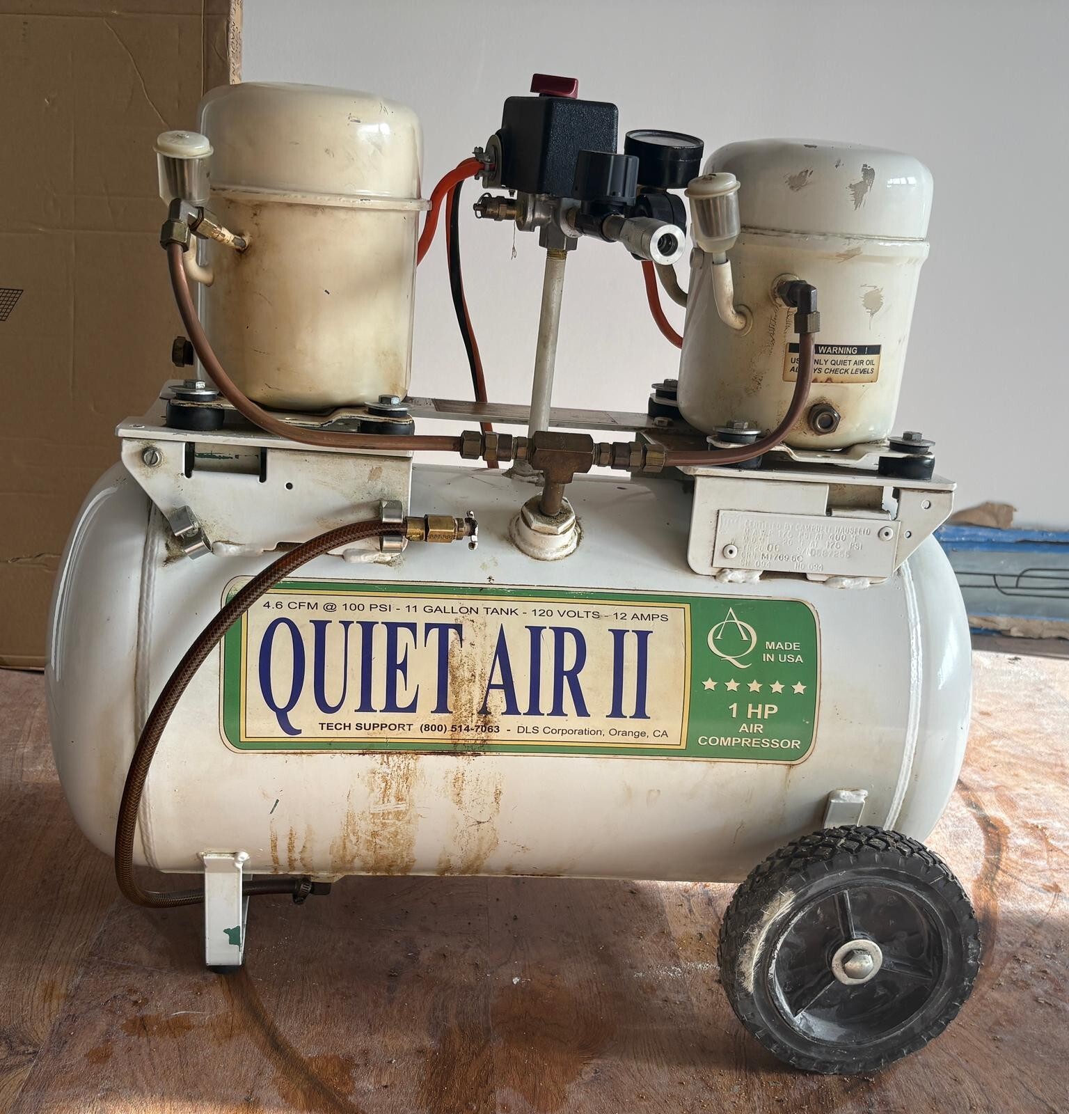 Quiet Air II Lubricated Dental Air Compressor-Dual Head, 1 HP, 11 Gal Tank 120v