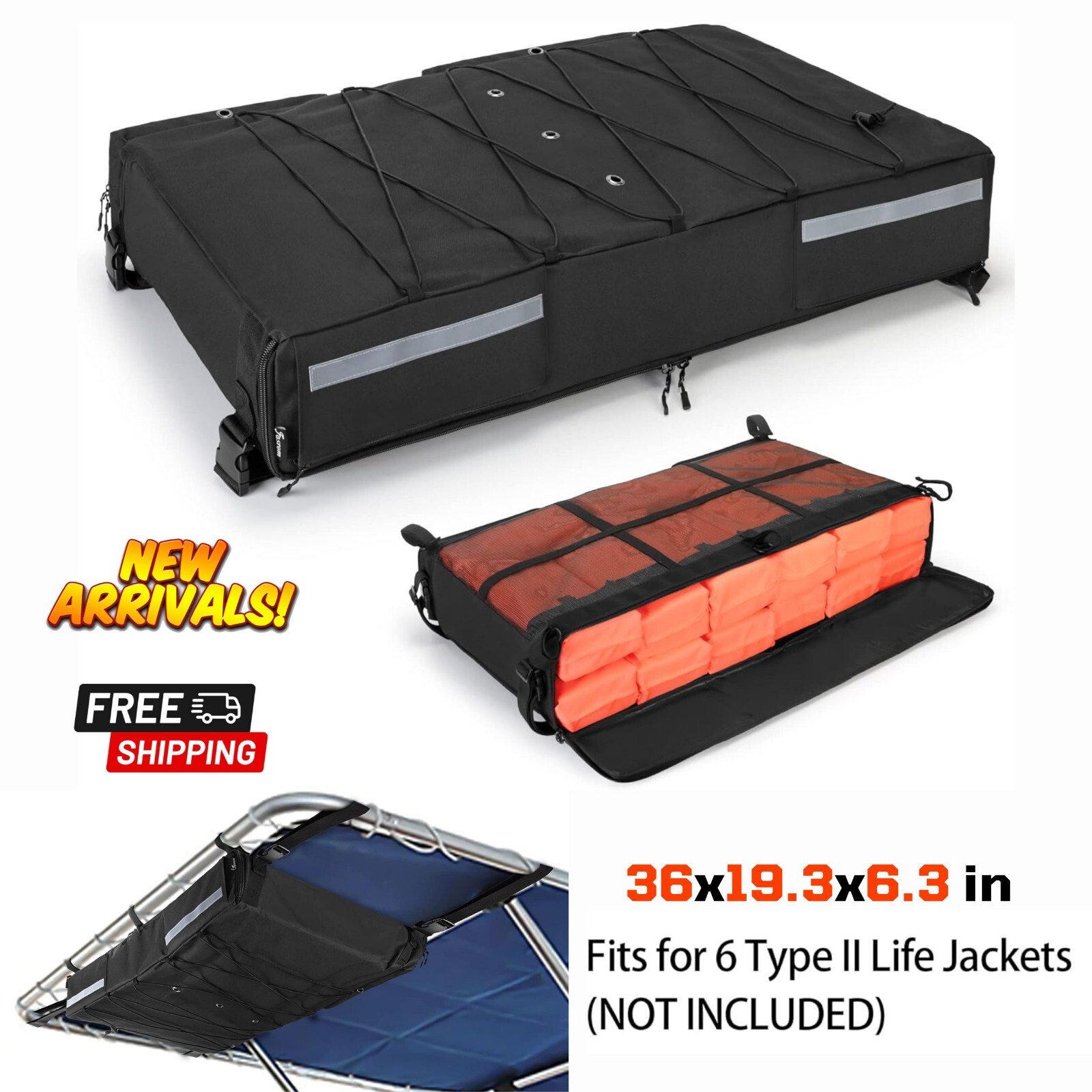 Boat T-Top Storage Bag for 6 Type II Life Jackets Life Vests Towels Fishing Gear