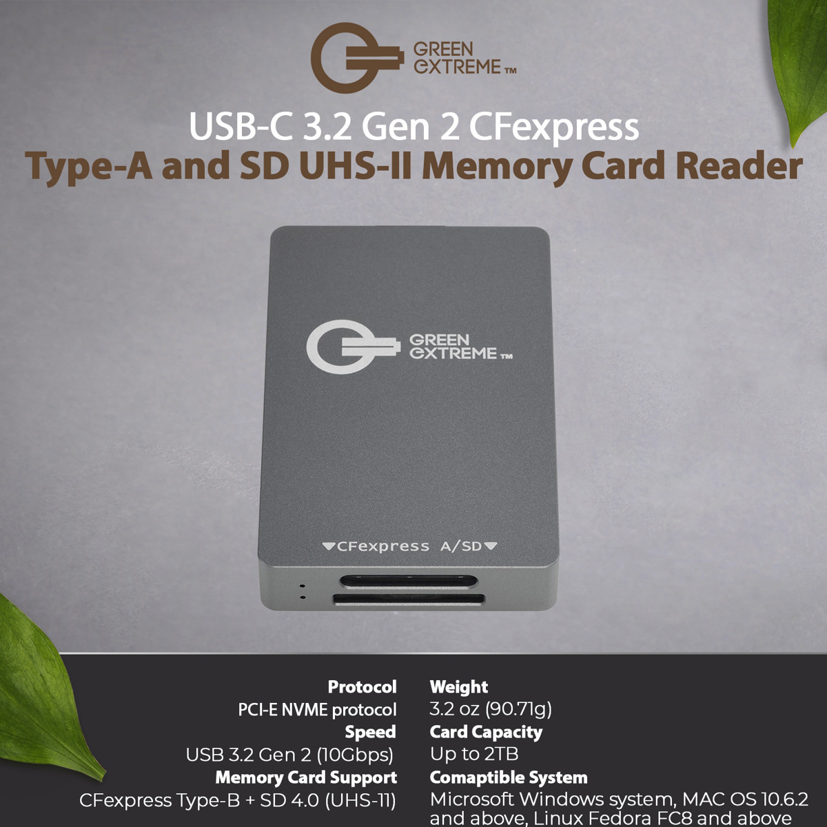 Green Extreme USB-C 3.2 Gen 2 CFexpress Type-A and SD UHS-II Memory Card Reader