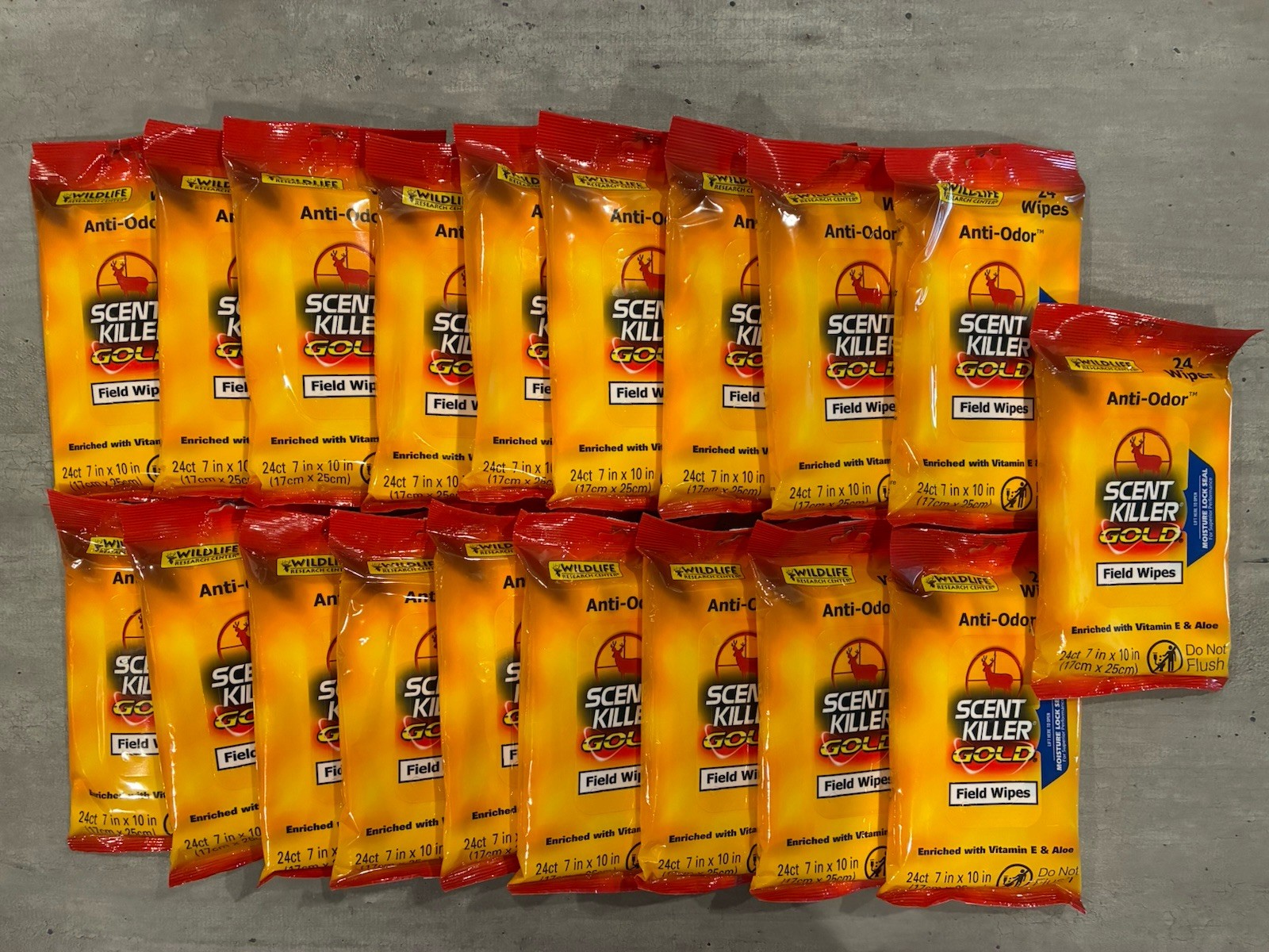 19 Packs of Wildlife Research Scent Killer Gold Field Wipes (24 Wipes Per Pack)