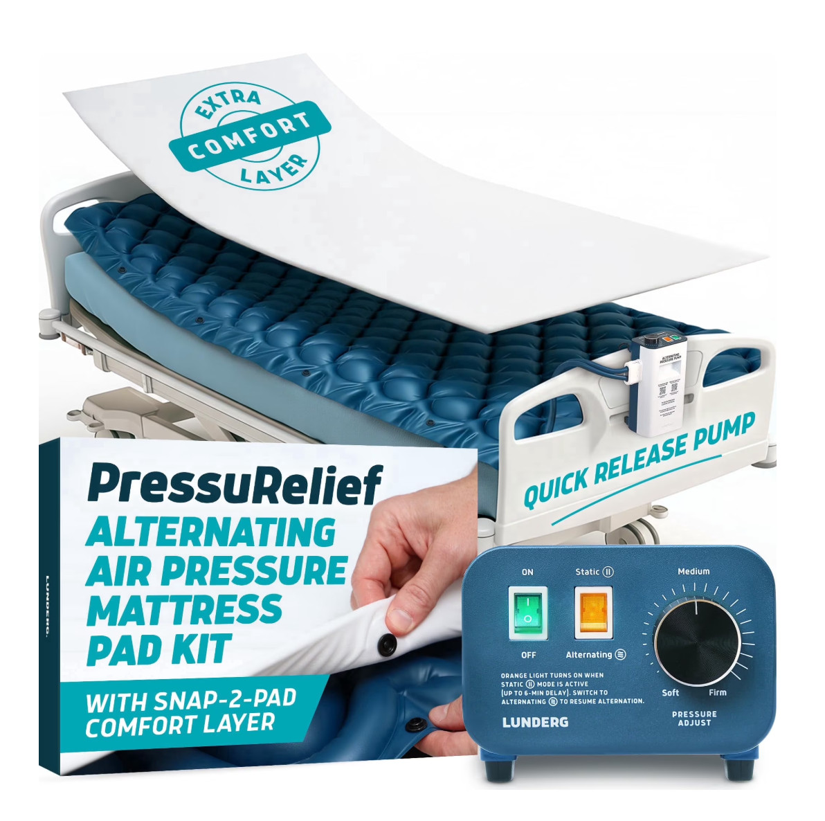 Lunderg PressuRelief Alternating Air Pressure Mattress Pad Kit Snap-2-Pad Twin