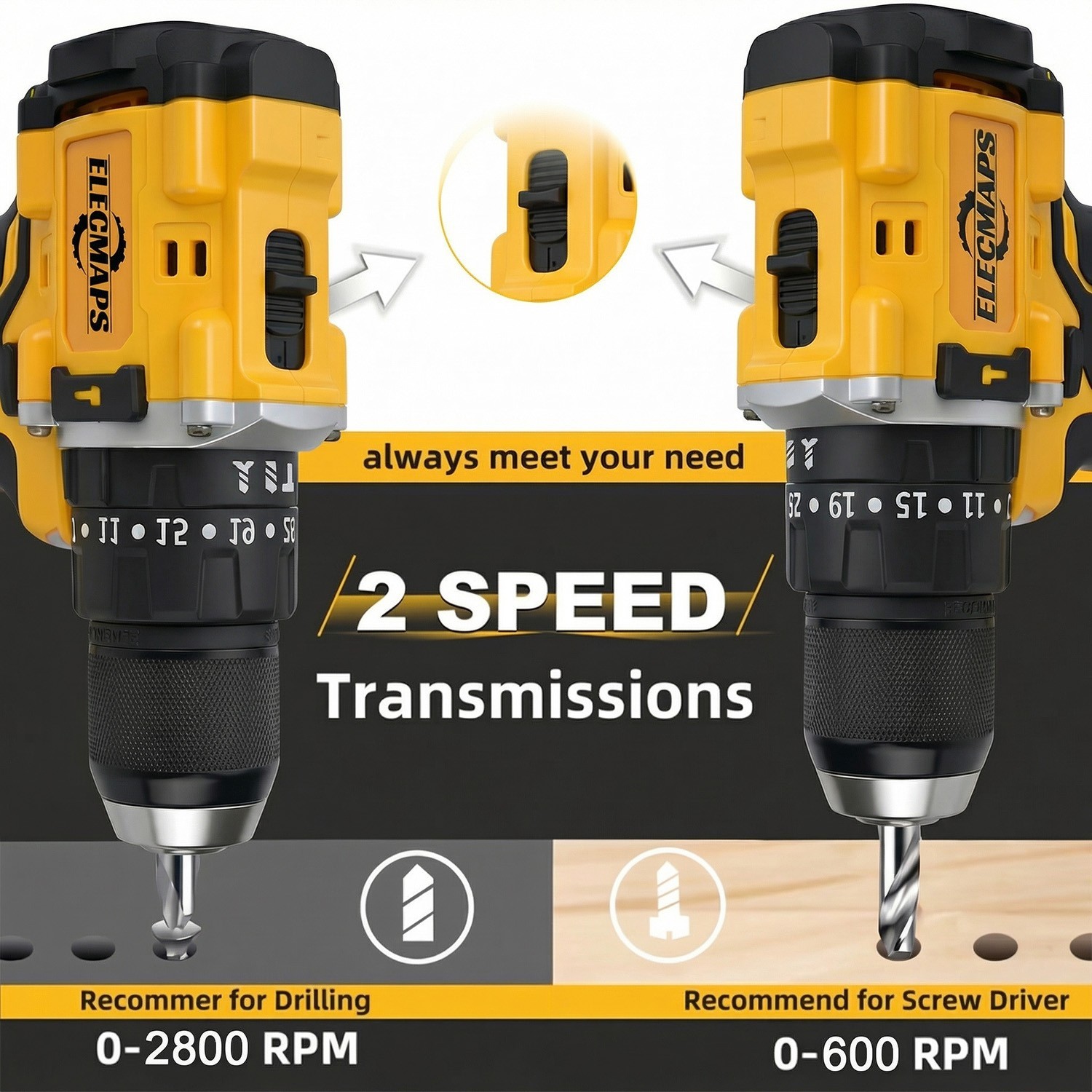 ELECMAPS Electric hammer drill set with multiple speed settings