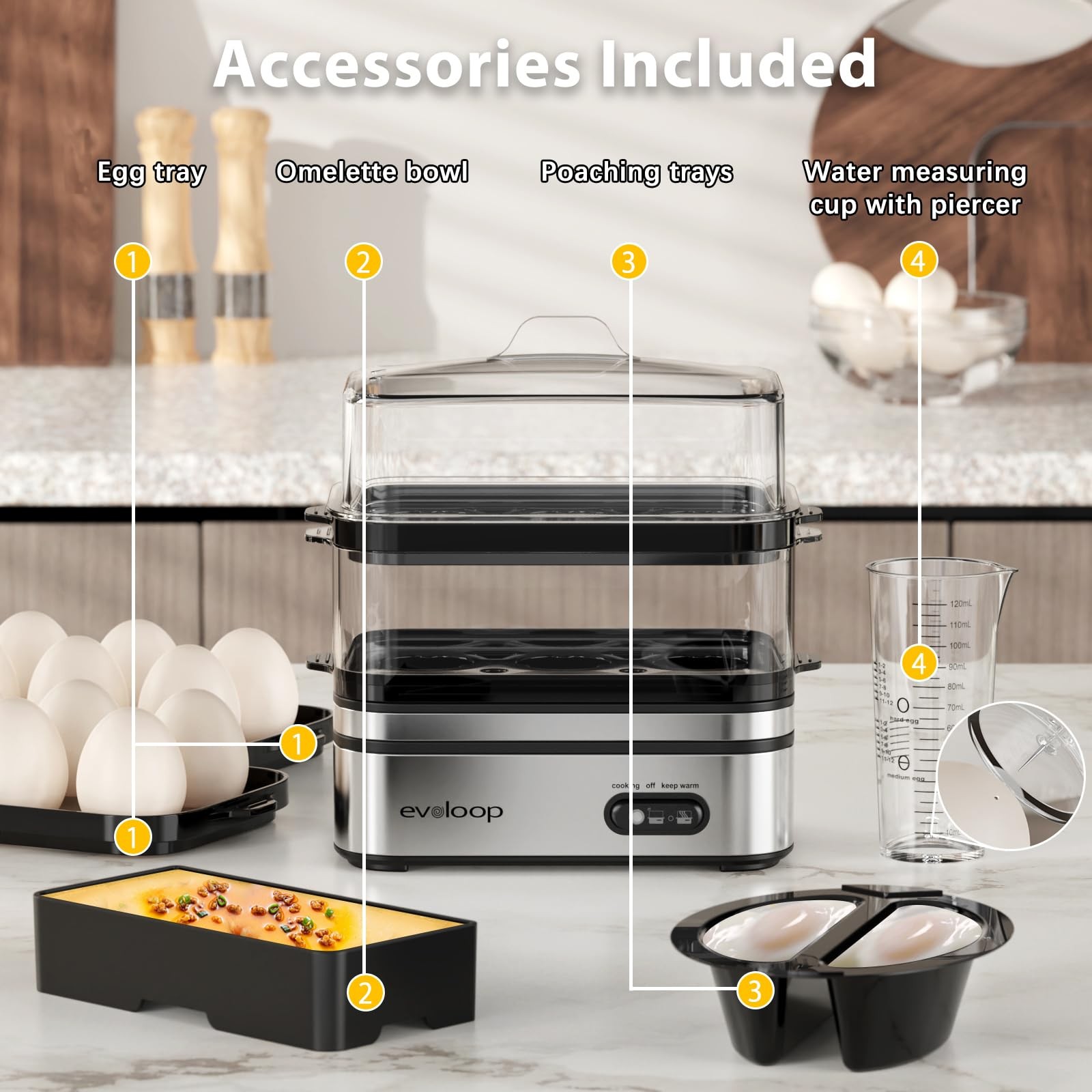 Evoloop Rapid Egg Cooker Electric 12 Eggs Capacity, Soft, 5*7*8, Silver