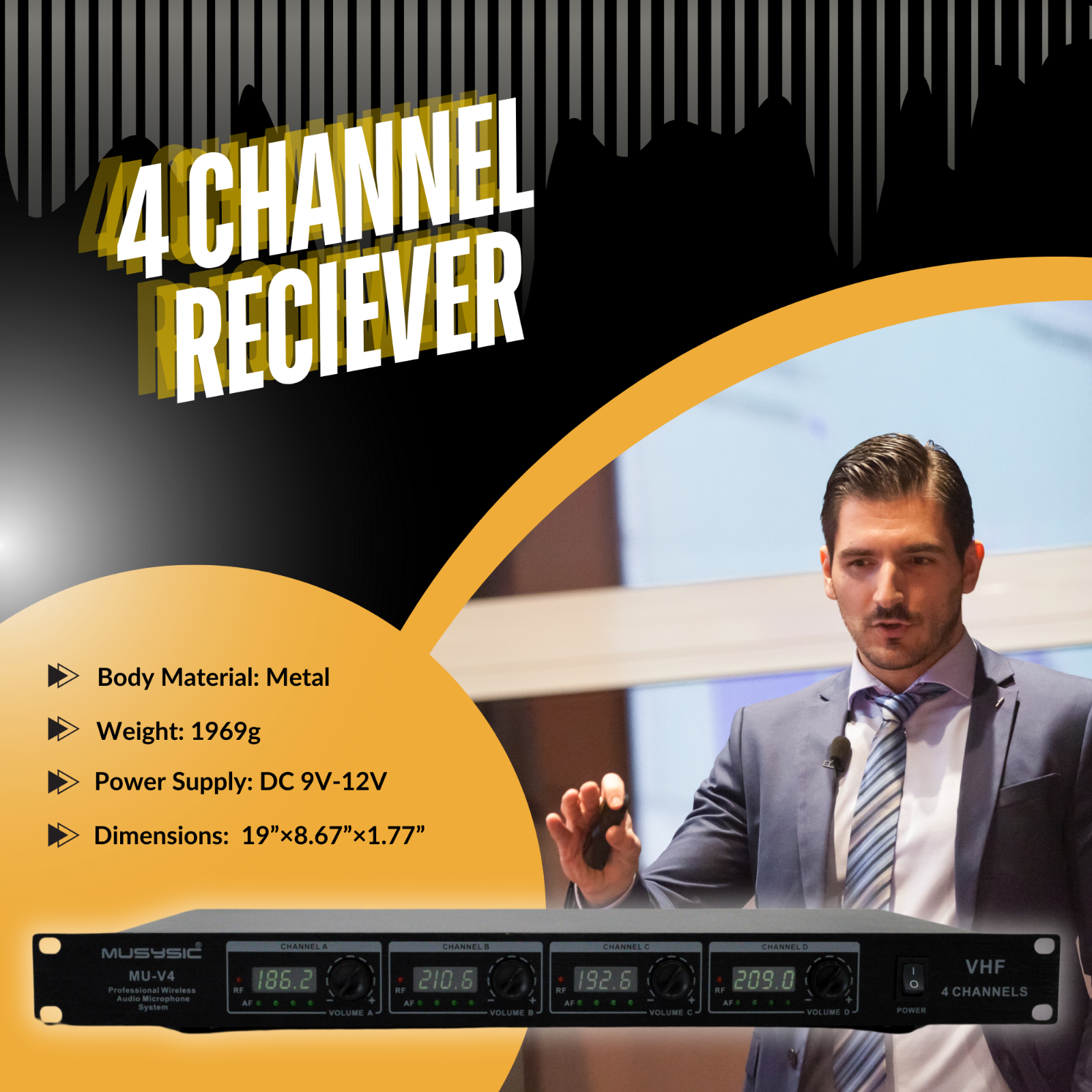 4-Channel Professional VHF Lapel / Lavalier & Headset Wireless Microphone System