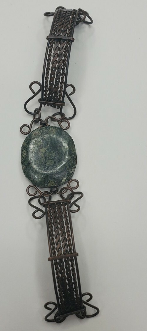 Unique Handmade Multi-Colored Green Round Stone in Copper Bronze Bracelet