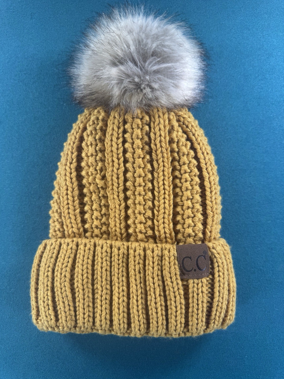 C.C Exclusives Yellow Knit Beanie Lined Stretch Logo Faux Fur Pom One Size