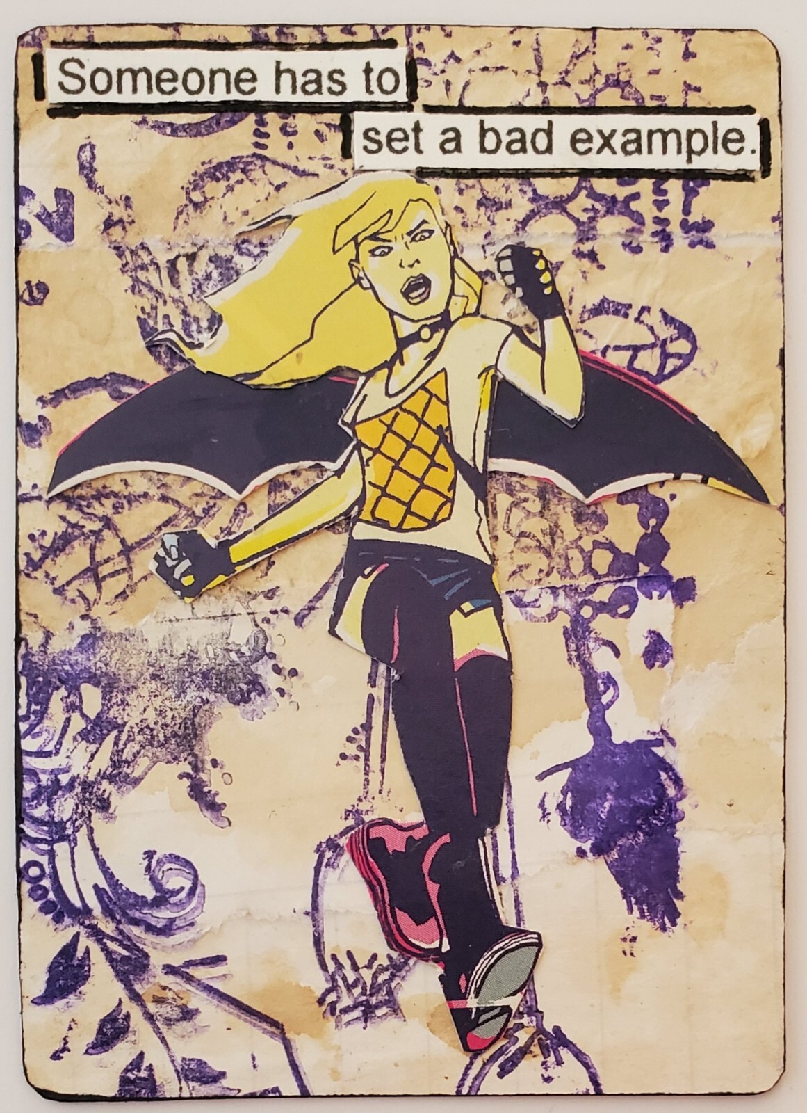 Mixed Media Collage Art Card ACEO ATC OOAK Snarky Black Canary Set Bad Example