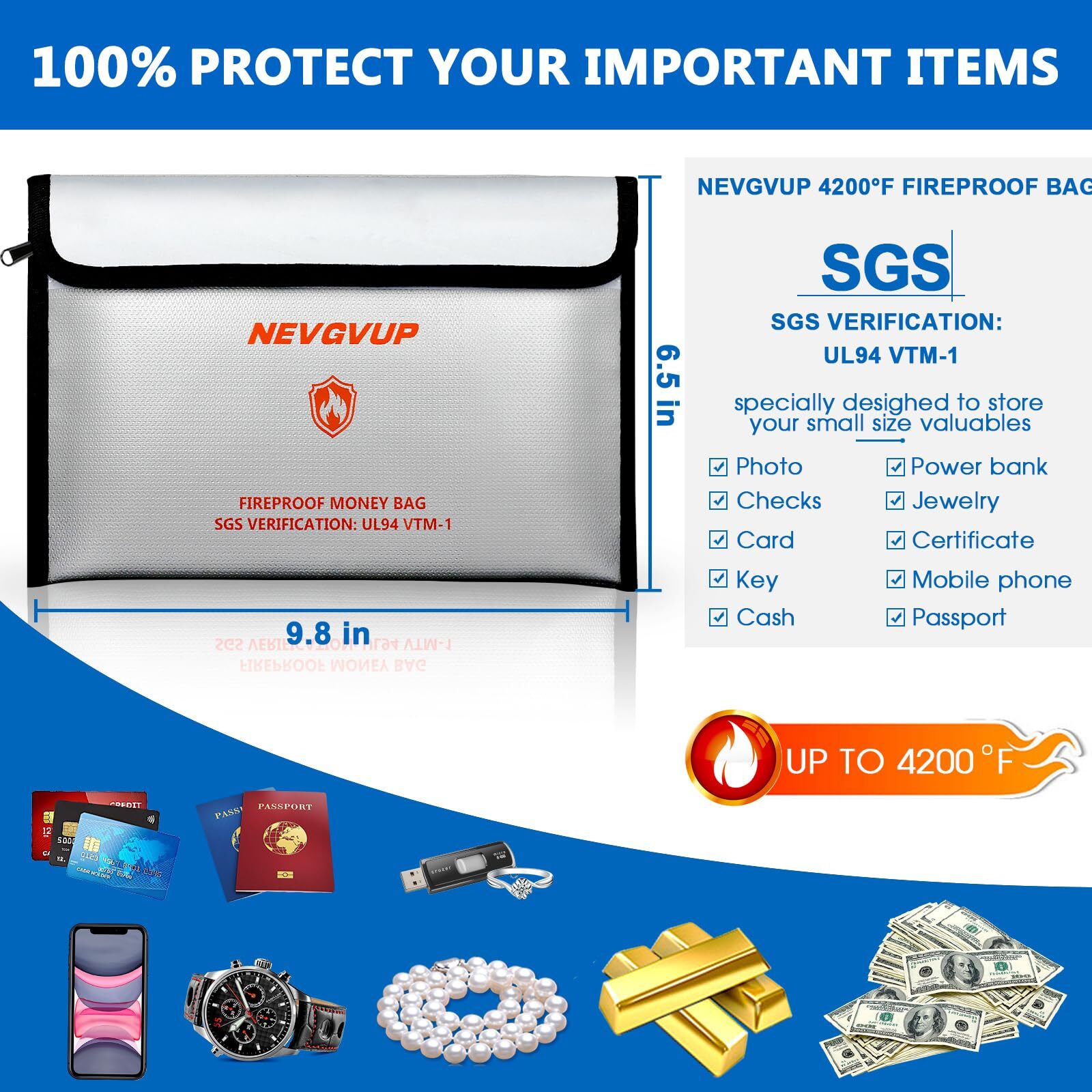 4200°F Fireproof Money Bag for Cash -Heat Insulated 9.8 x 6.5" Fireproof Docu...