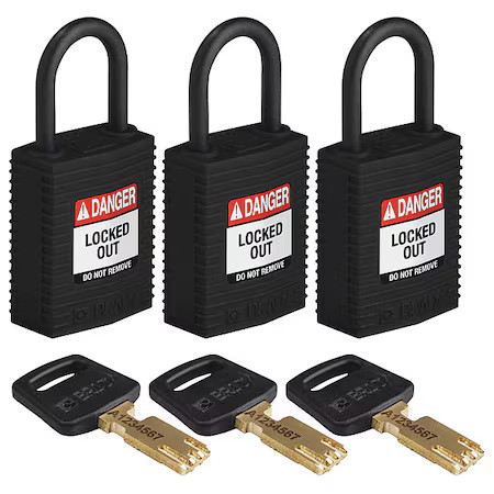 Brady Cpt-Blk-25Pl-Ka3pk Lockout Padlock, Keyed Alike, Nylon, Black, 1 In