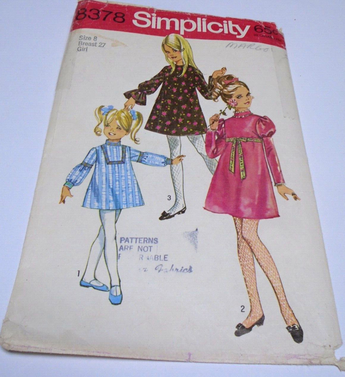 1960s Simplicity 8378 Girl Empire dress, long sleeve.  SZ 8, B 27 Complete
