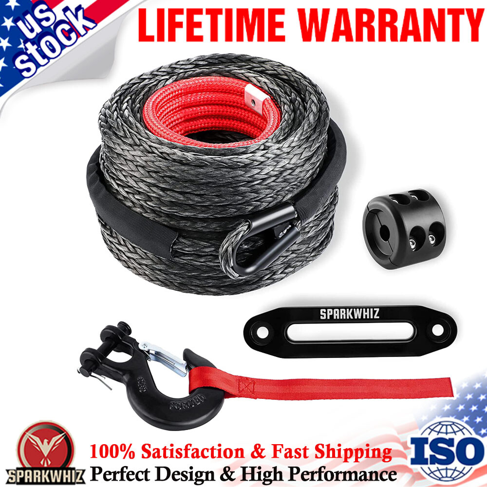 25000LBS 100FT Synthetic Winch Rope Winch Line Rope Cable w/ Steel Hook for 4WD