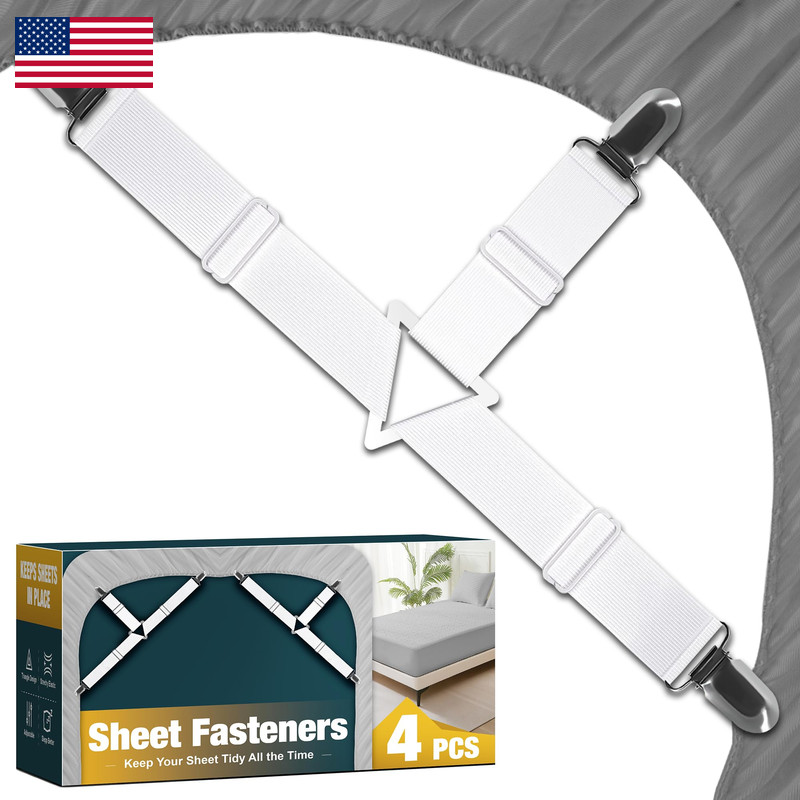 Whispering Wonder 4 Pack Adjustable Elastic Straps Metal Clips Bed Sheet