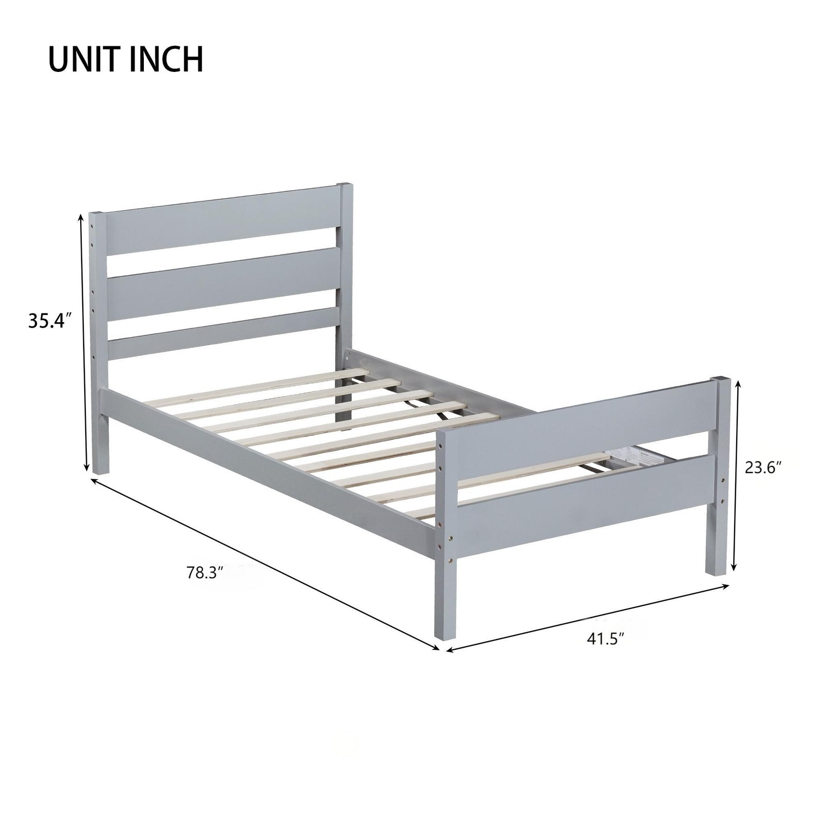 Twin Size Bed Frame with Headboard and Footboard,Rubber Wood Bed,Grey