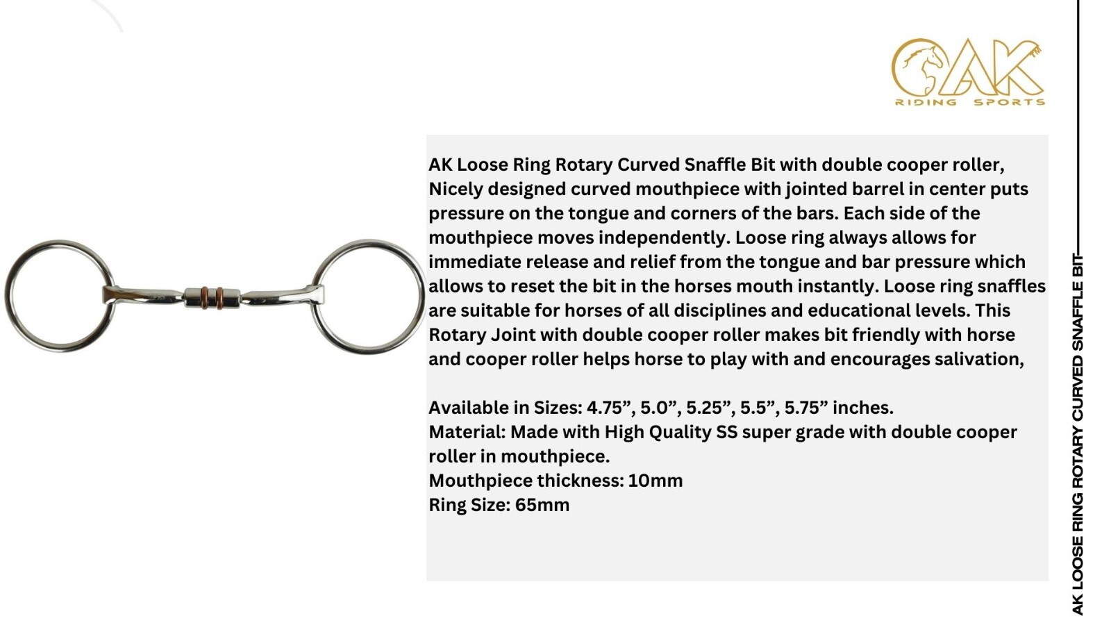 AK Loose Ring Rotary Curved Snaffle Horse Riding Bit with Double Cooper Roller