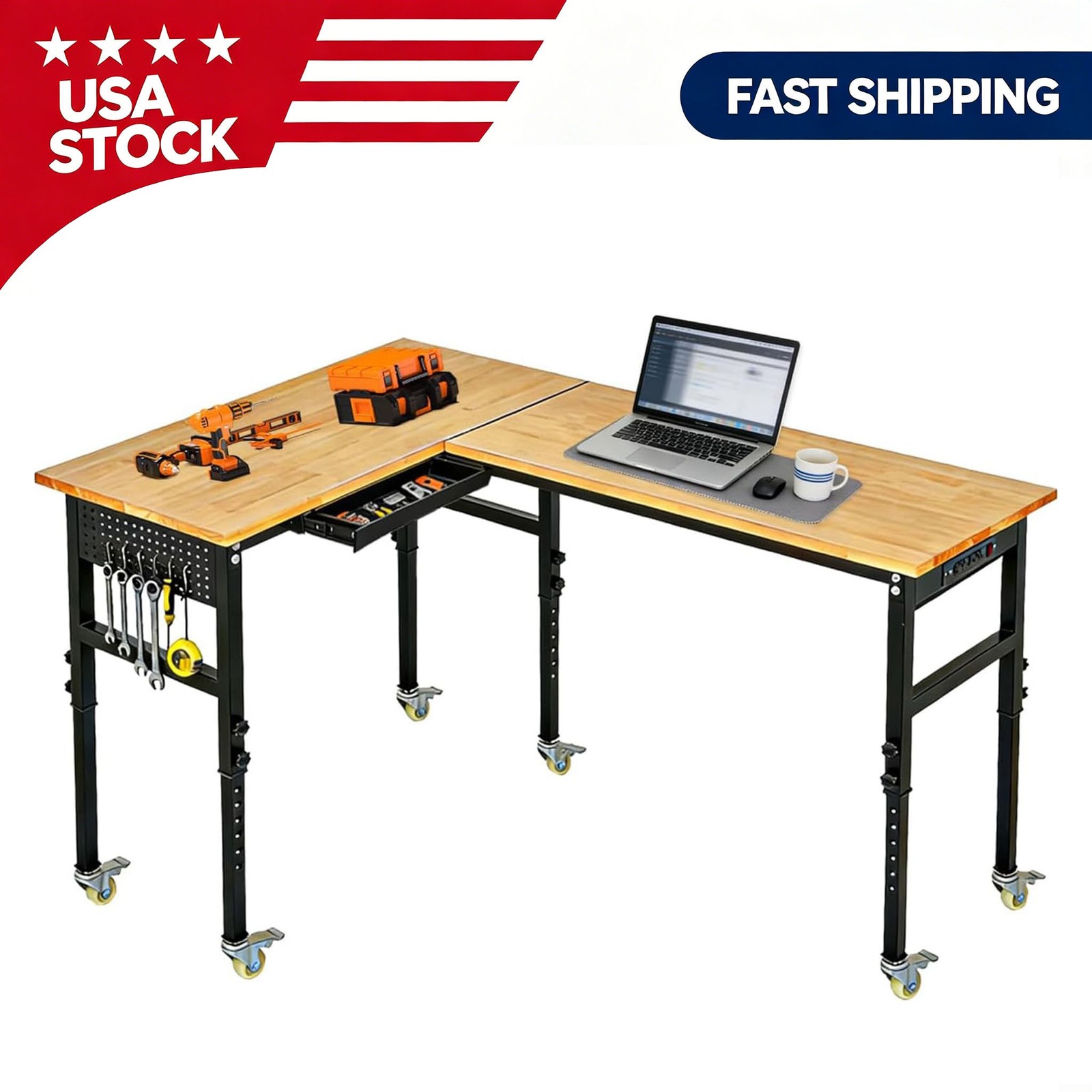 Heavy Duty 130" l-Shaped Adjustable Workbench w/ Wheels 2000 Lbs Capacity Drawer