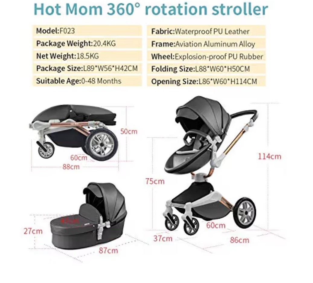 Hot Mom 2-in-1 Baby Grey Stroller with a 360° rotation function &PU leather SPF+