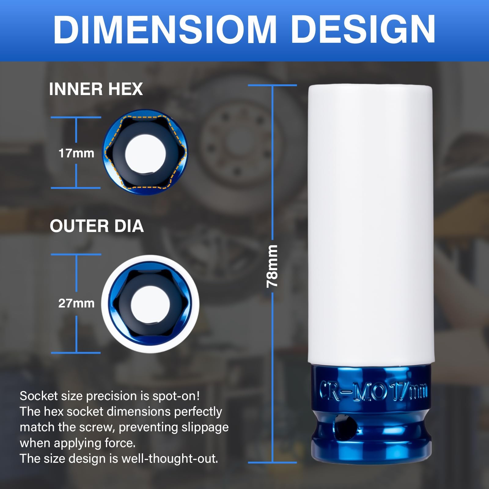 1/2" Drive 17mm Wheel Protector Impact Socket, 6 Pt Thin Wall Deep Metric