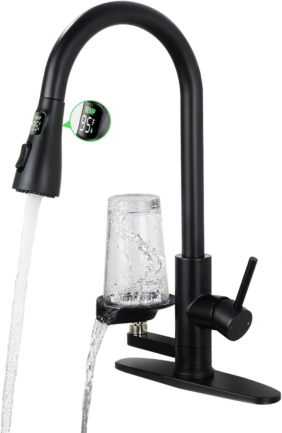 Matte Black Kitchen Faucet with Glass Rinser & 3 Spray Modes